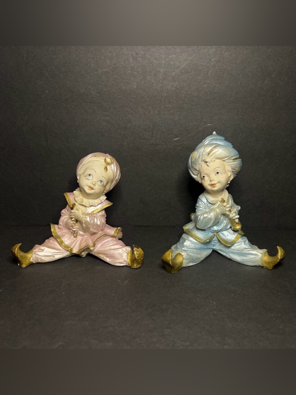 Vintage Set of 2 Ceramic Pink & Blue Genie Sultan Figurines Playing the Flute